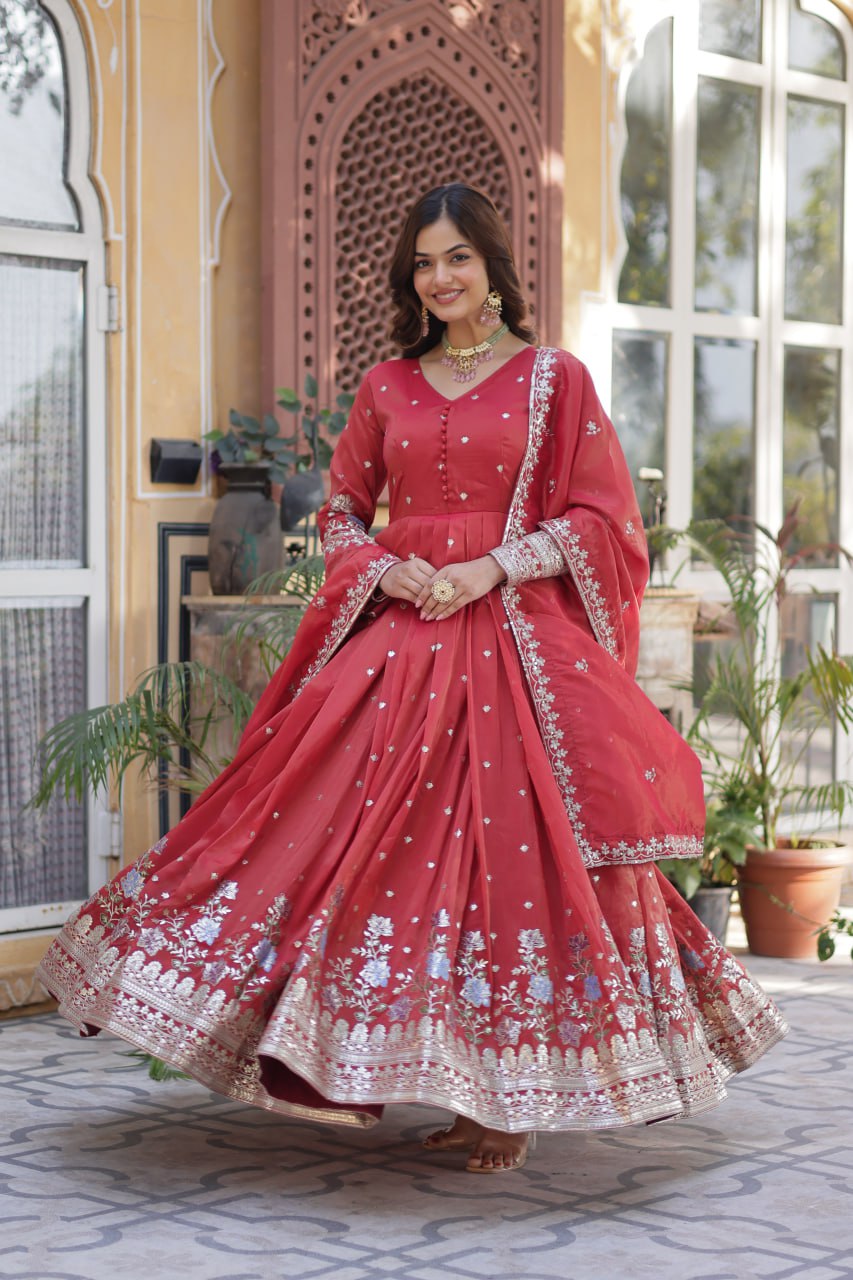 Viscose Cosmos Embroidered Gown Set With Dupatta