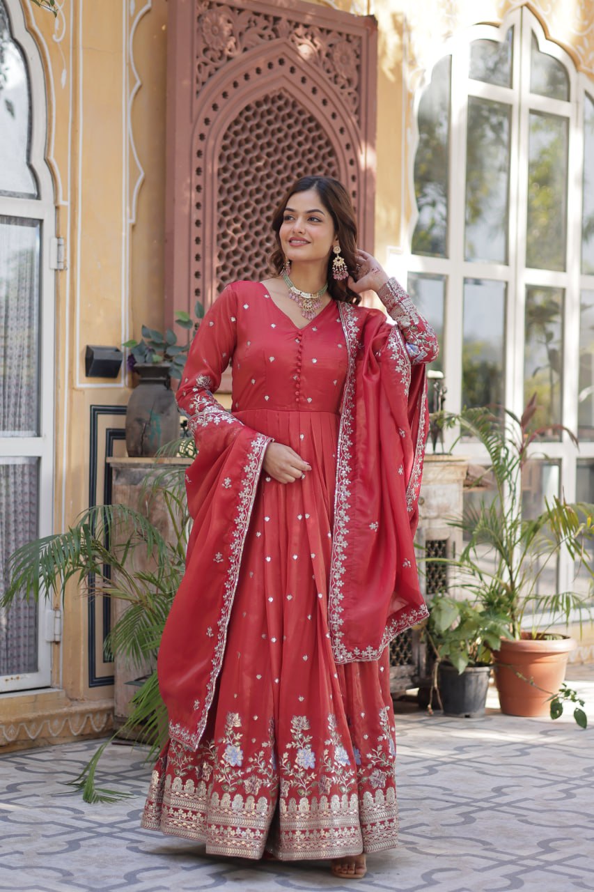 Viscose Cosmos Embroidered Gown Set With Dupatta