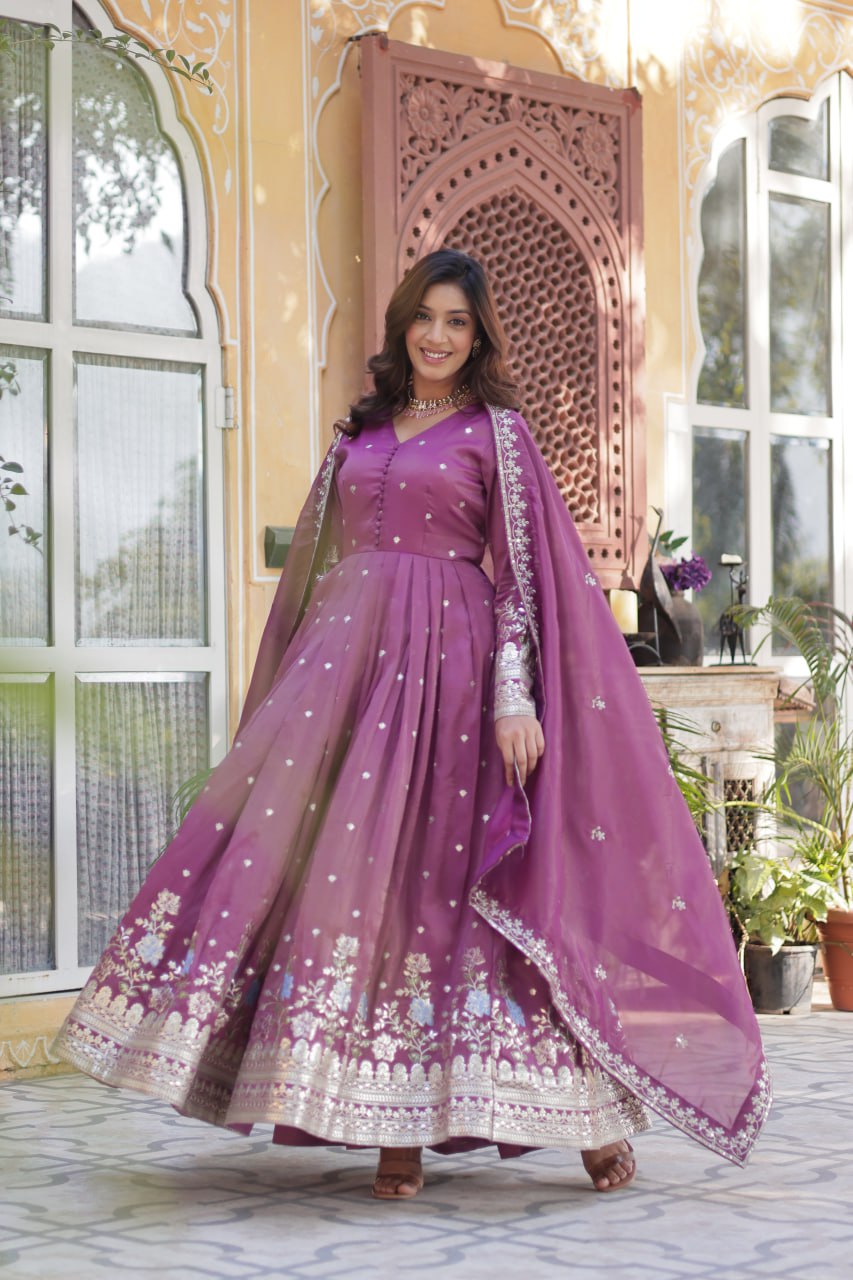 Viscose Cosmos Embroidered Gown Set With Dupatta