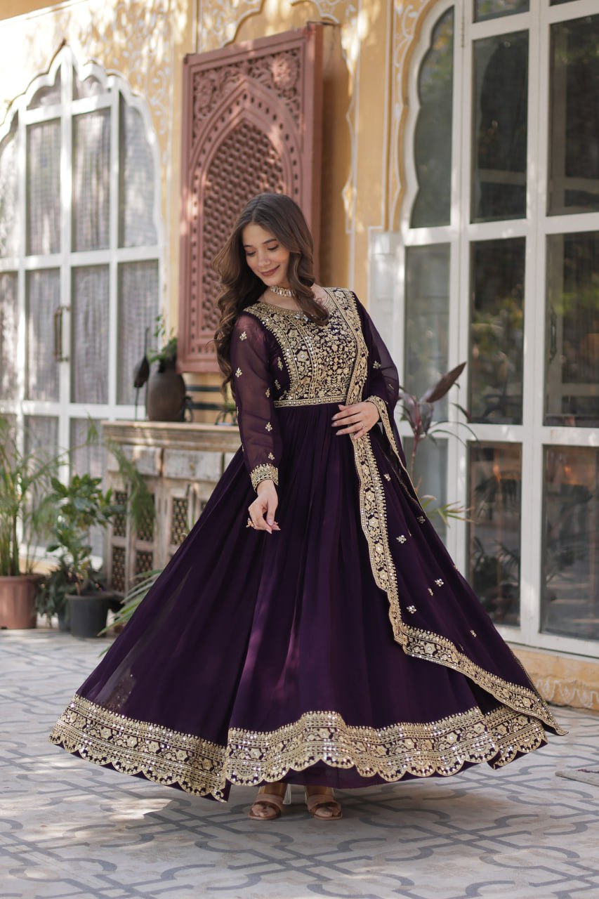 Elegant Faux Georgette Embroidered Gown With Dupatta