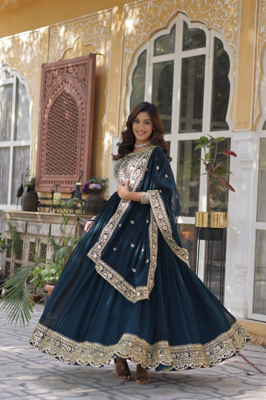 Elegant Faux Georgette Embroidered Gown With Dupatta