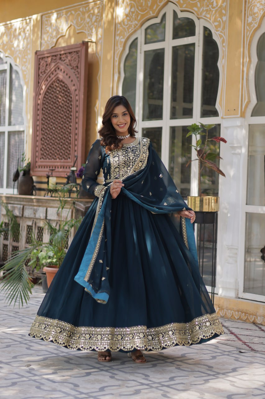 Elegant Faux Georgette Embroidered Gown With Dupatta