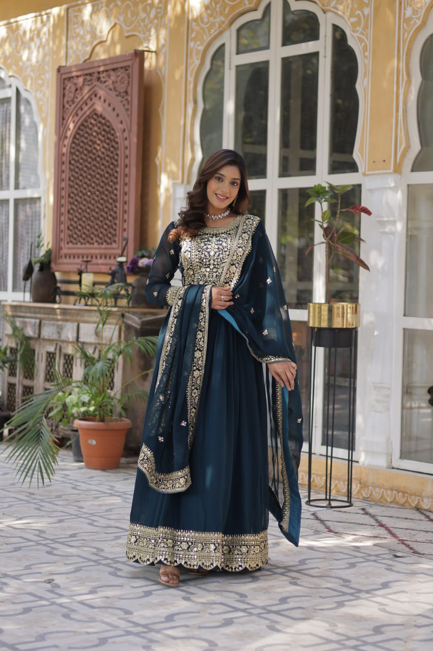 Elegant Faux Georgette Embroidered Gown With Dupatta