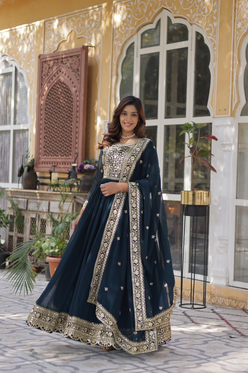 Elegant Faux Georgette Embroidered Gown With Dupatta