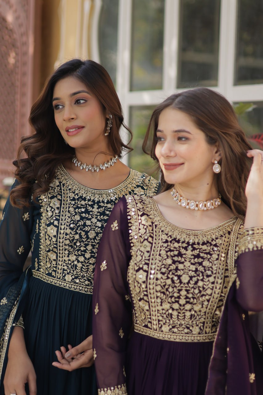 Elegant Faux Georgette Embroidered Gown With Dupatta