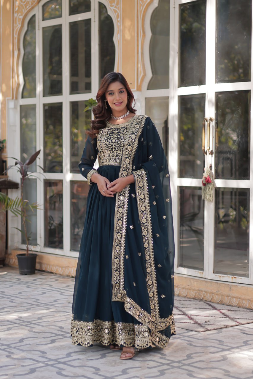 Elegant Faux Georgette Embroidered Gown With Dupatta