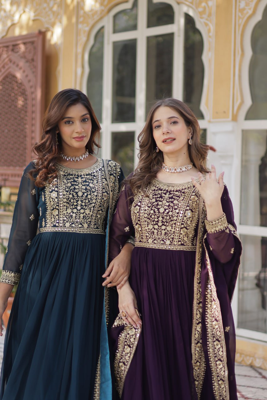 Elegant Faux Georgette Embroidered Gown With Dupatta