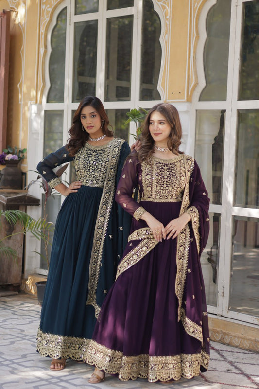 Elegant Faux Georgette Embroidered Gown With Dupatta