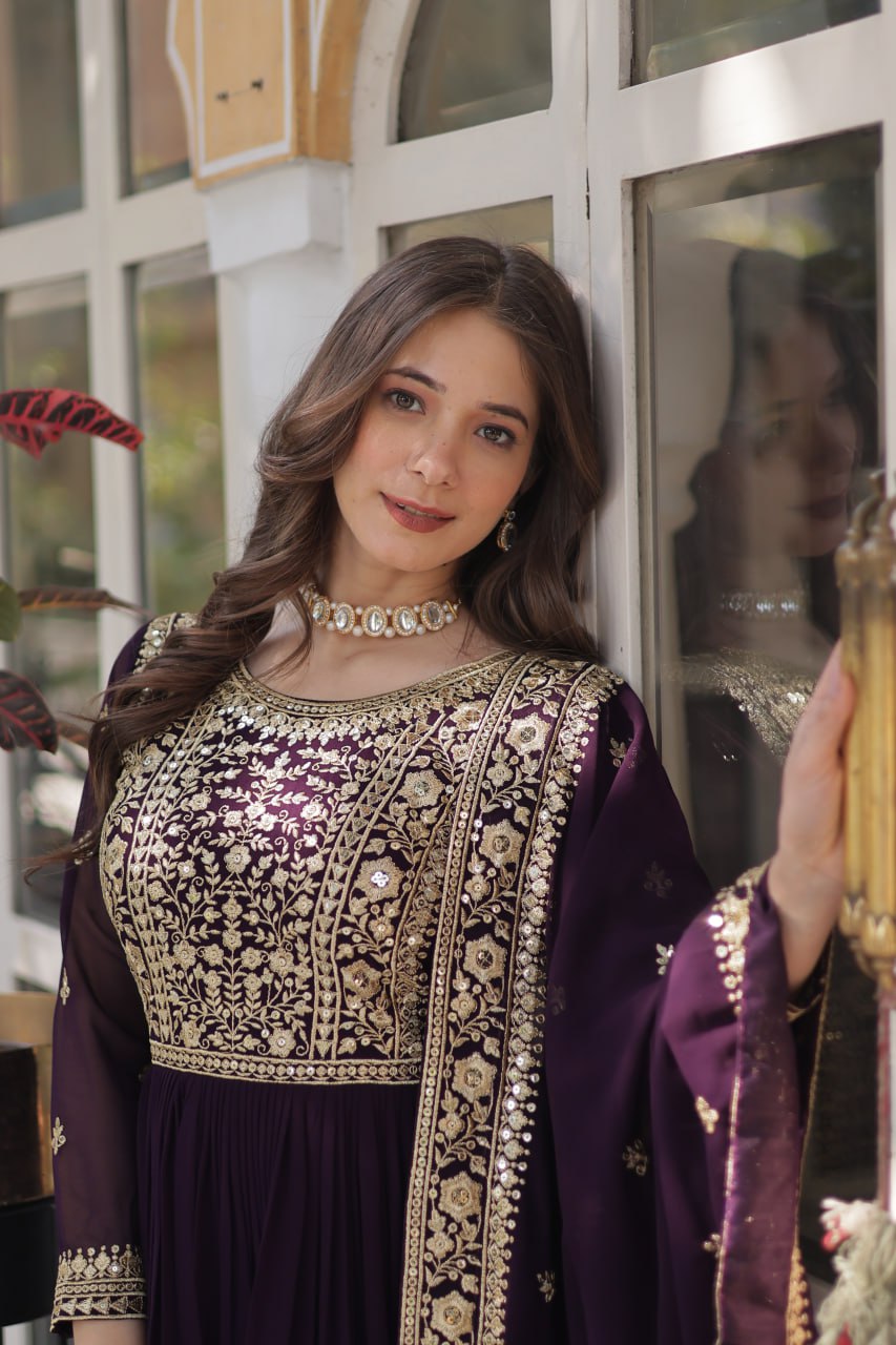 Elegant Faux Georgette Embroidered Gown With Dupatta