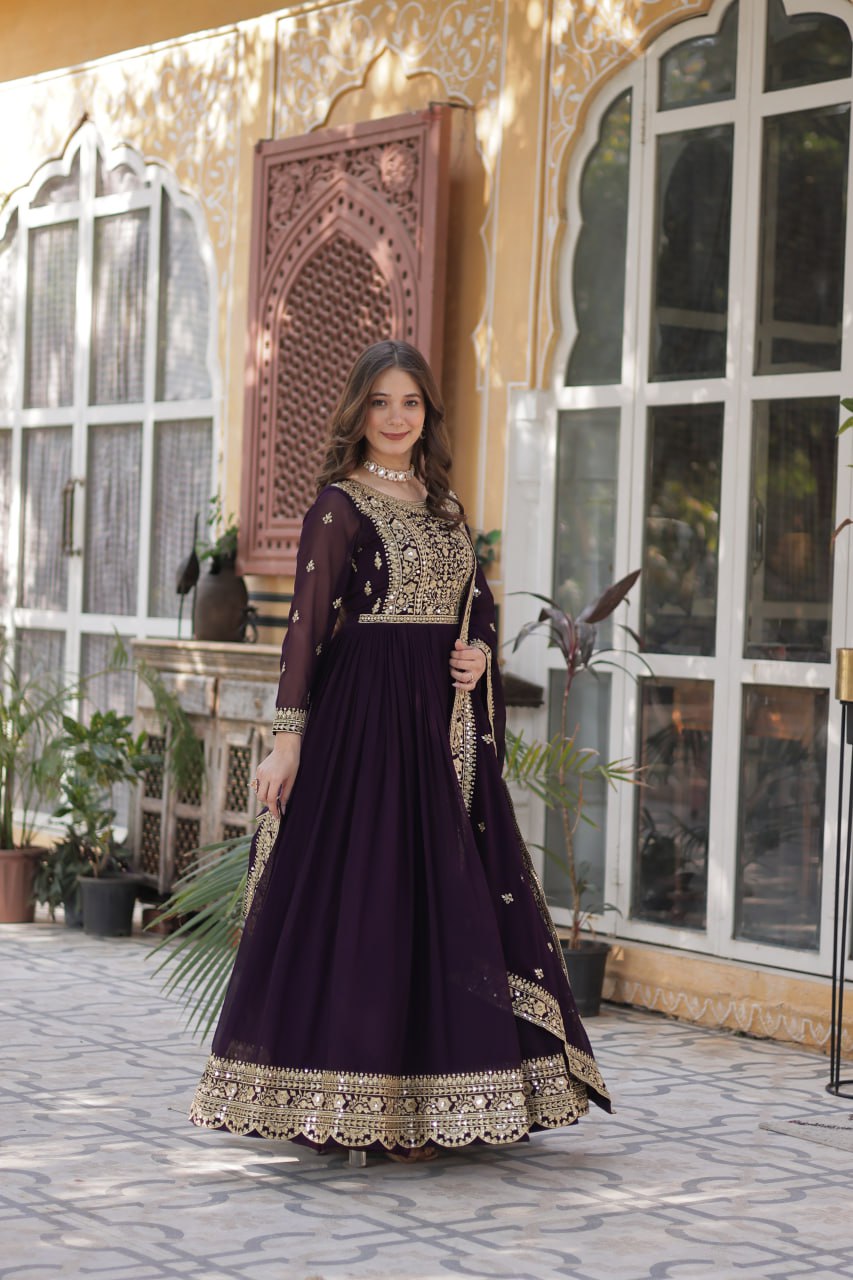 Elegant Faux Georgette Embroidered Gown With Dupatta