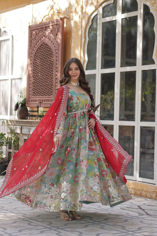 Elegant Russian Silk Anarkali Set With Embroidered Dupatta