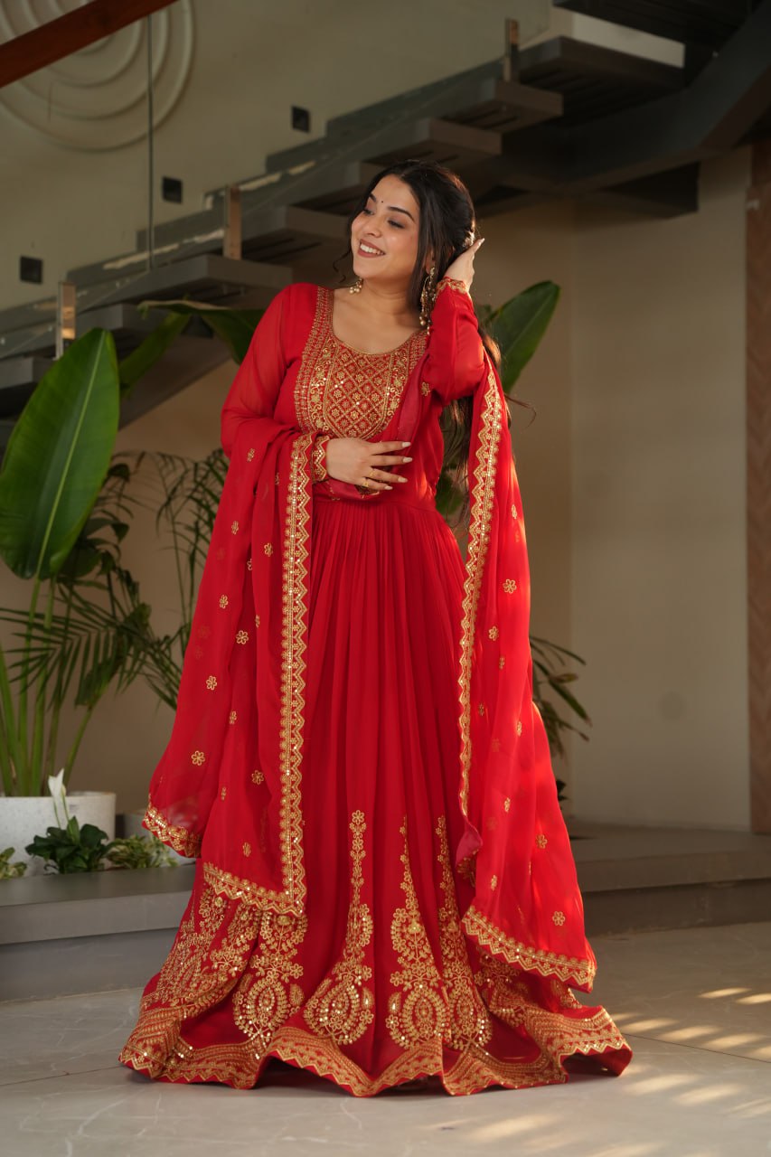 Lovely Faux Georgette Zari Sequins Embroidered Gown With Dupatta