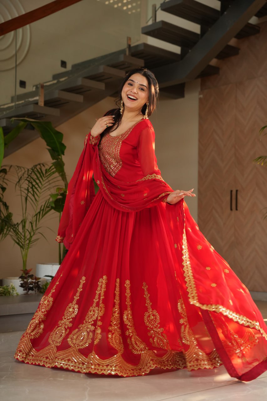 Lovely Faux Georgette Zari Sequins Embroidered Gown With Dupatta