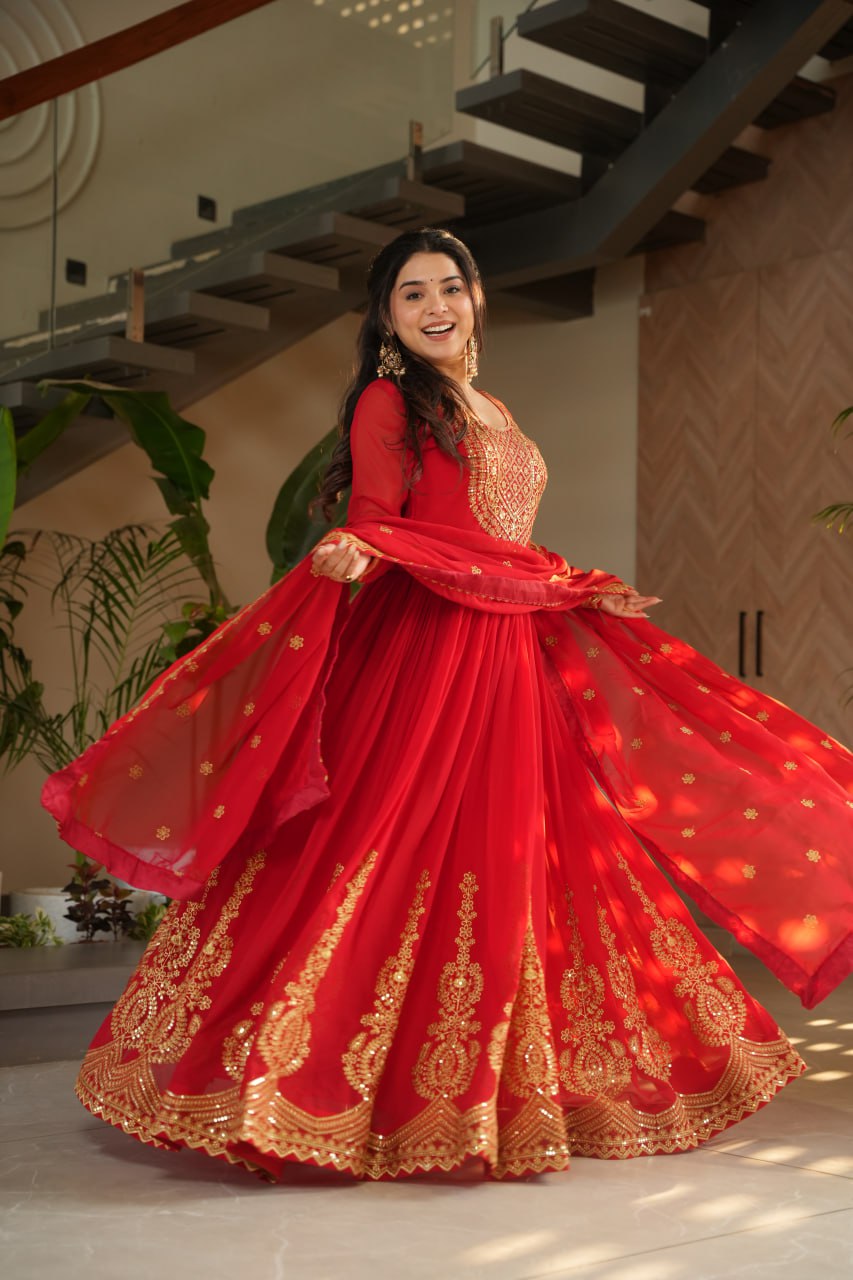 Lovely Faux Georgette Zari Sequins Embroidered Gown With Dupatta