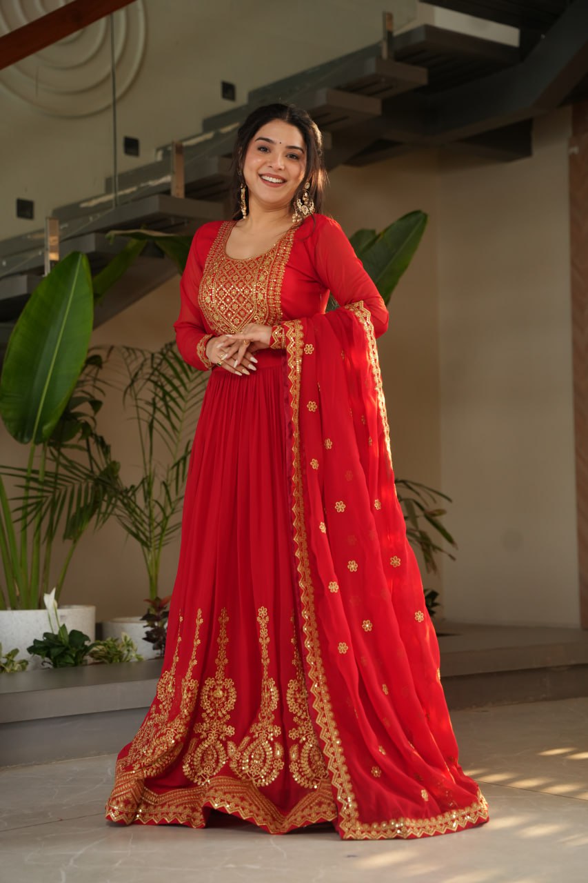 Lovely Faux Georgette Zari Sequins Embroidered Gown With Dupatta