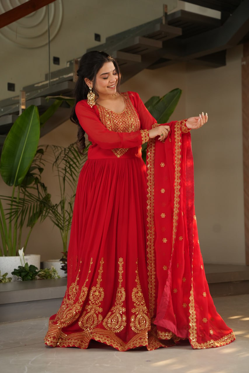 Lovely Faux Georgette Zari Sequins Embroidered Gown With Dupatta
