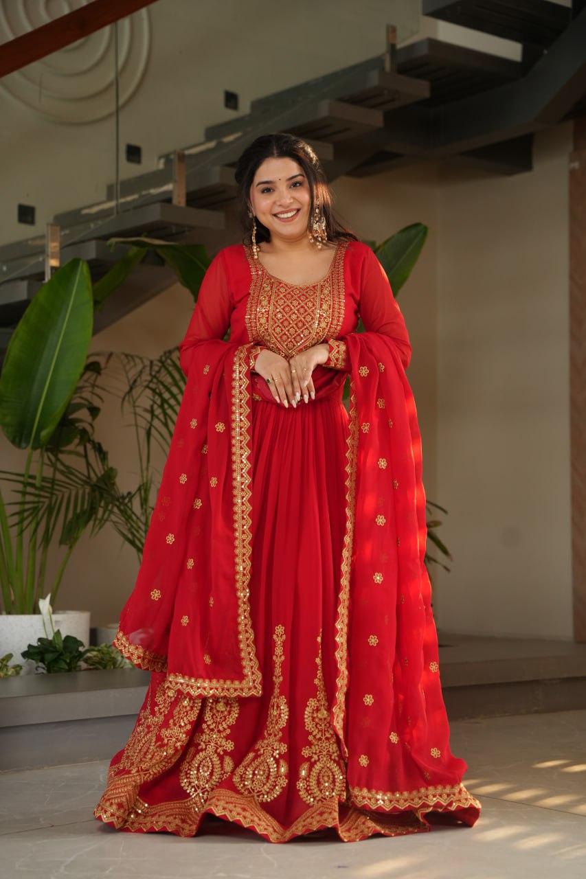 Lovely Faux Georgette Zari Sequins Embroidered Gown With Dupatta