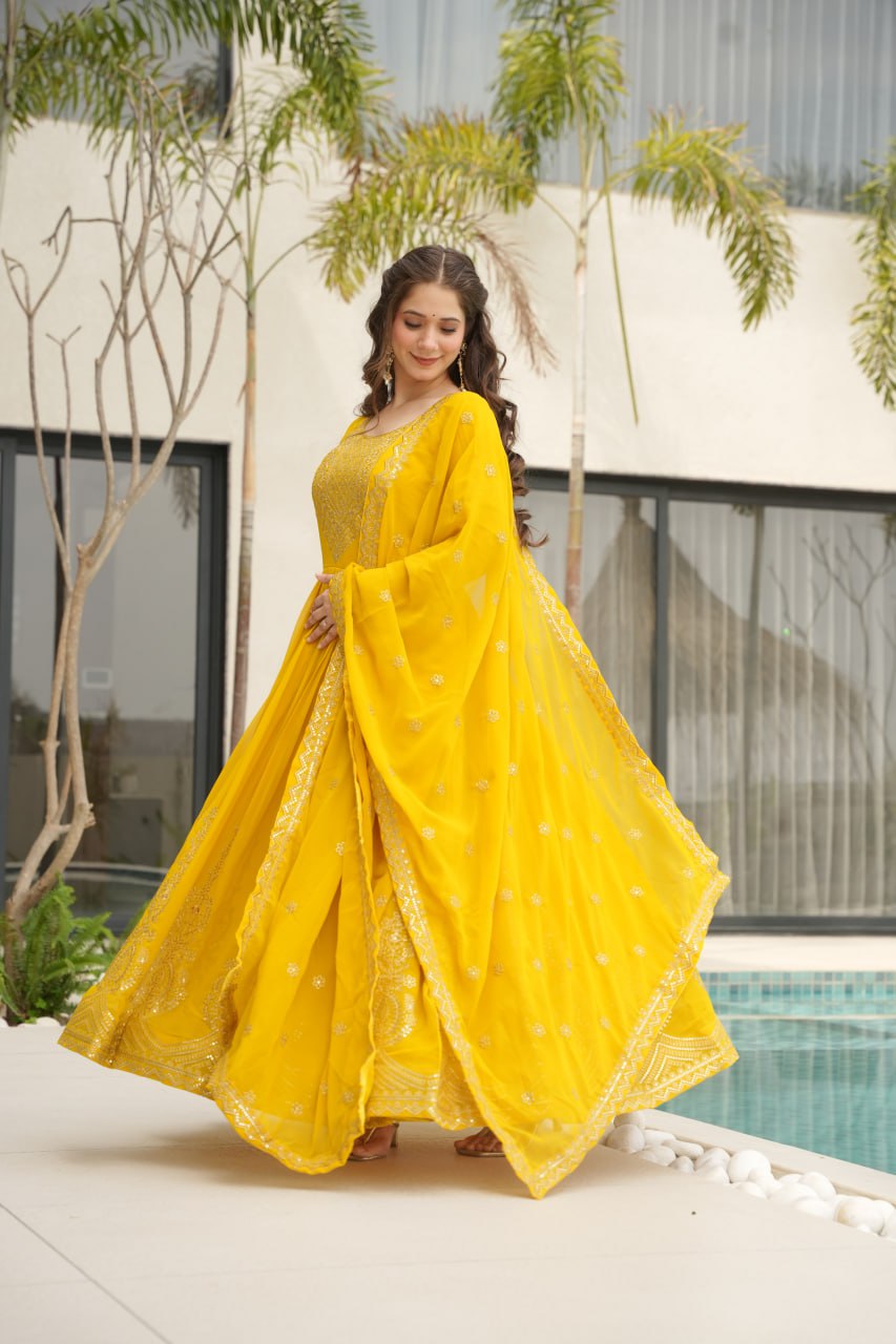 Lovely Faux Georgette Zari Sequins Embroidered Gown With Dupatta