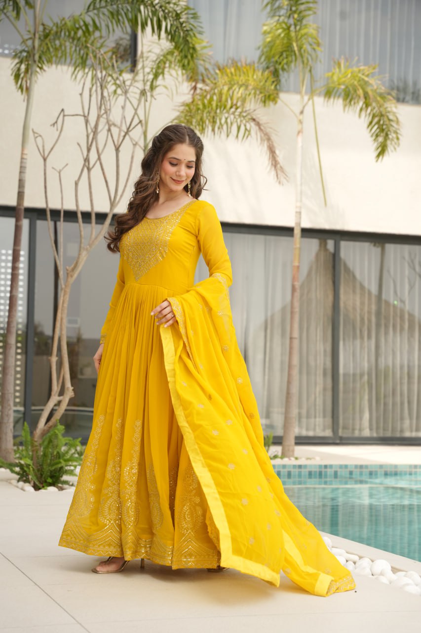 Lovely Faux Georgette Zari Sequins Embroidered Gown With Dupatta