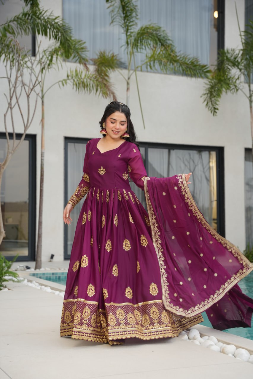 Star Georgette Zari Sequins Embroidered Gown Set With Designer Dupatta