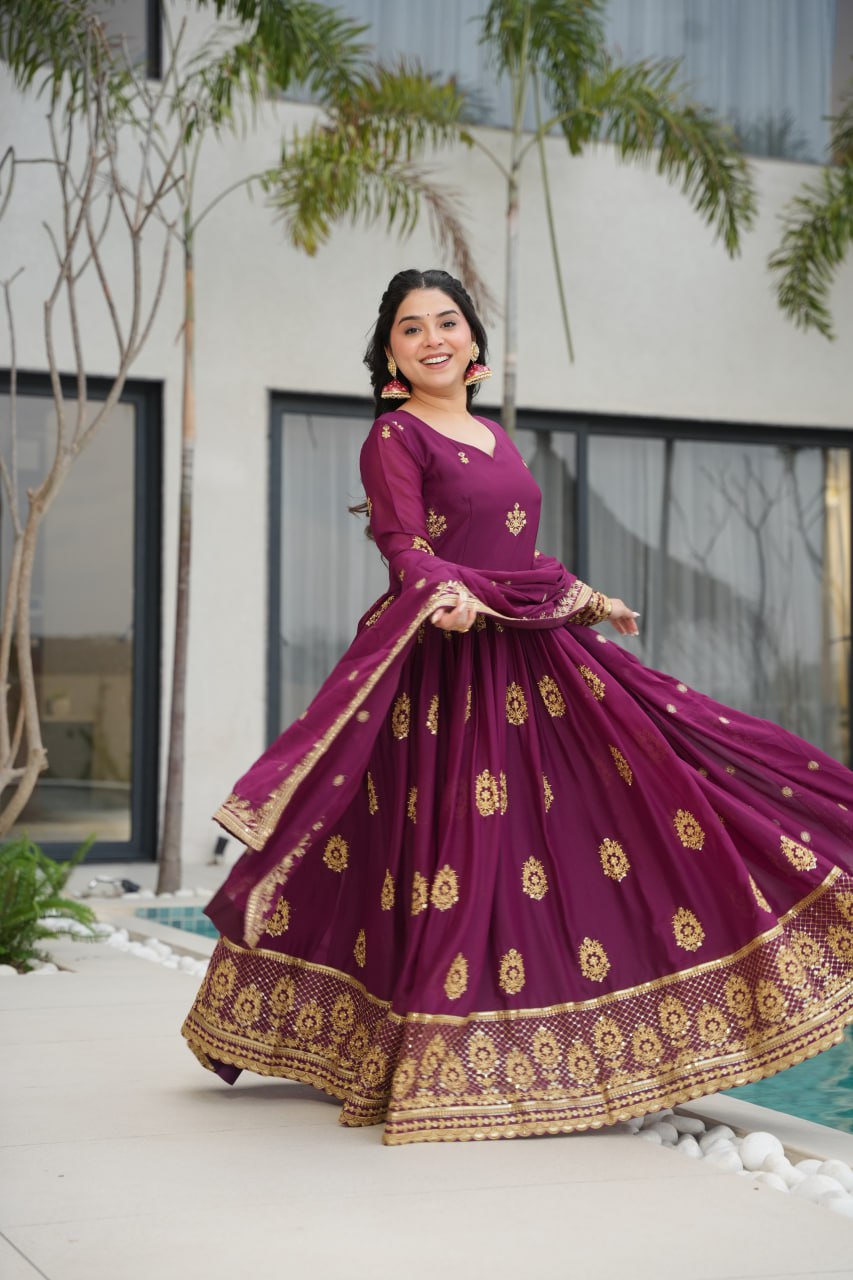 Star Georgette Zari Sequins Embroidered Gown Set With Designer Dupatta