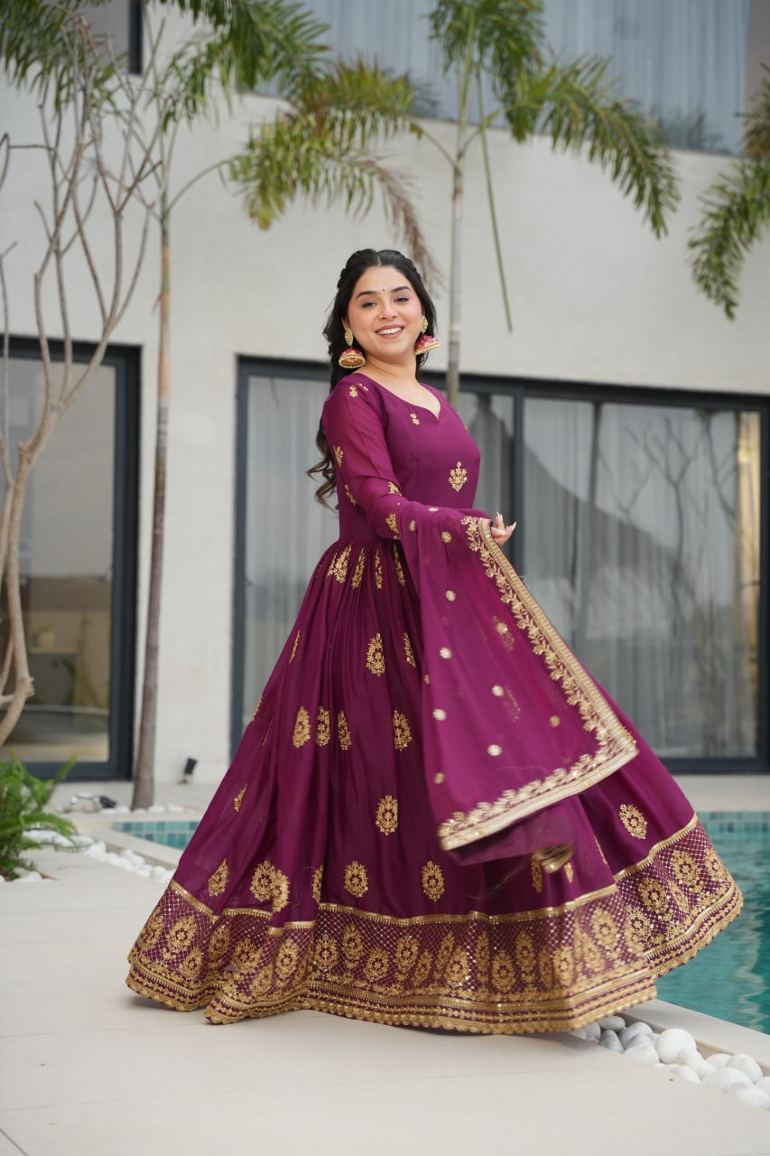 Star Georgette Zari Sequins Embroidered Gown Set With Designer Dupatta