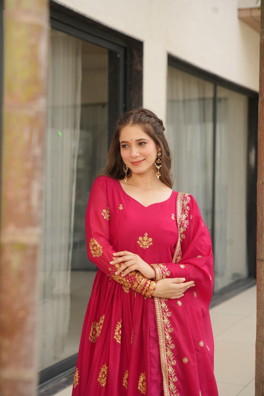 Star Georgette Zari Sequins Embroidered Gown Set With Designer Dupatta