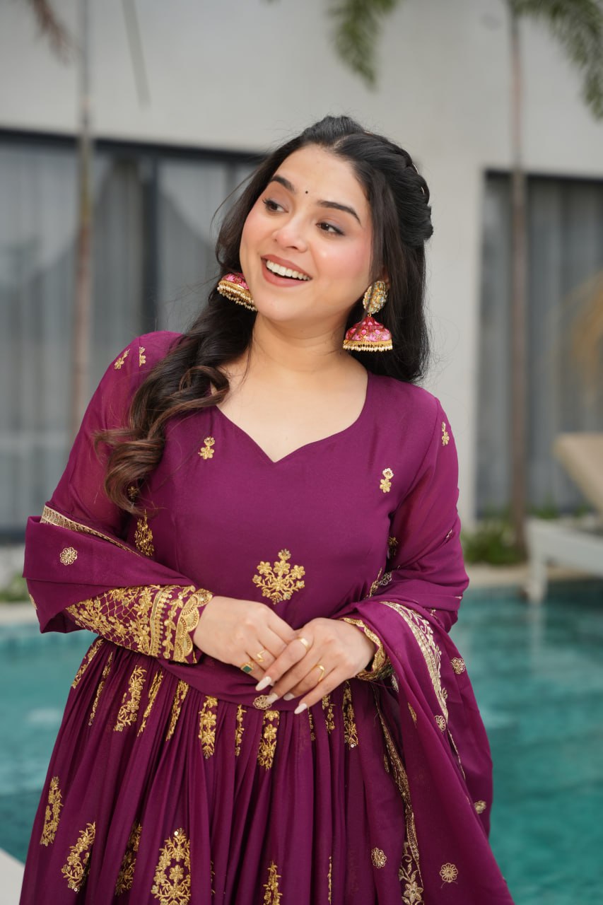 Star Georgette Zari Sequins Embroidered Gown Set With Designer Dupatta