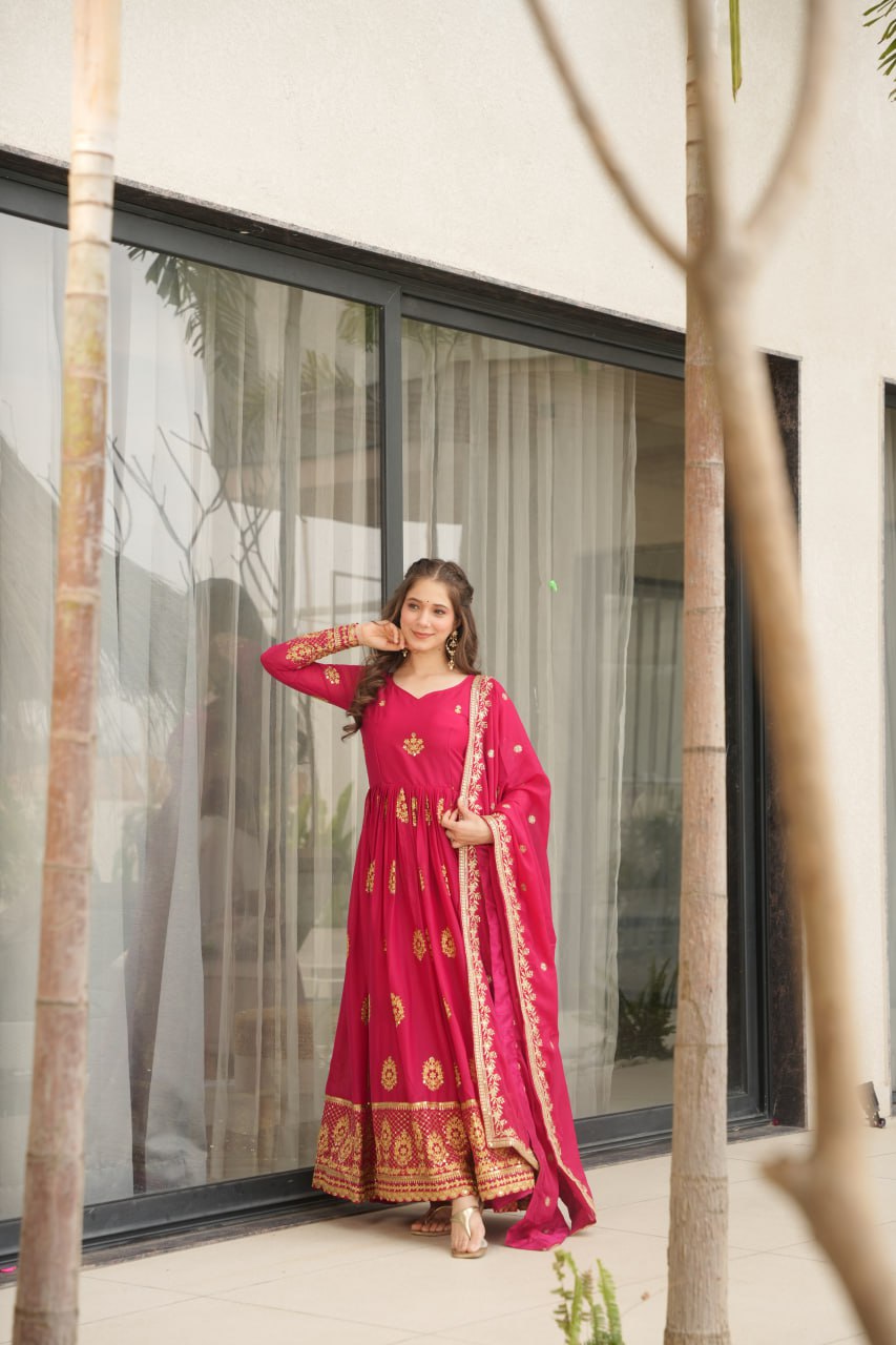 Star Georgette Zari Sequins Embroidered Gown Set With Designer Dupatta