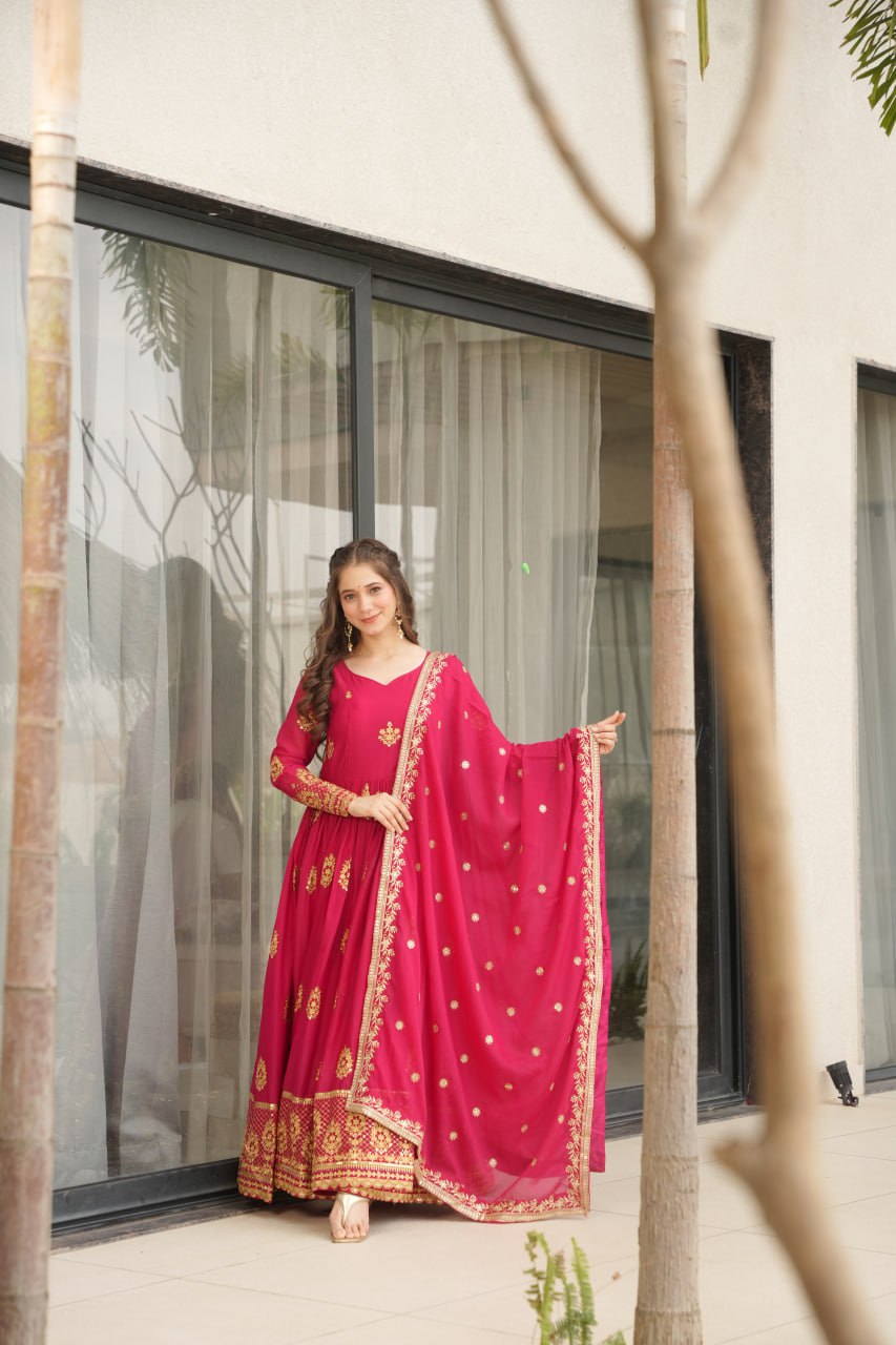 Star Georgette Zari Sequins Embroidered Gown Set With Designer Dupatta