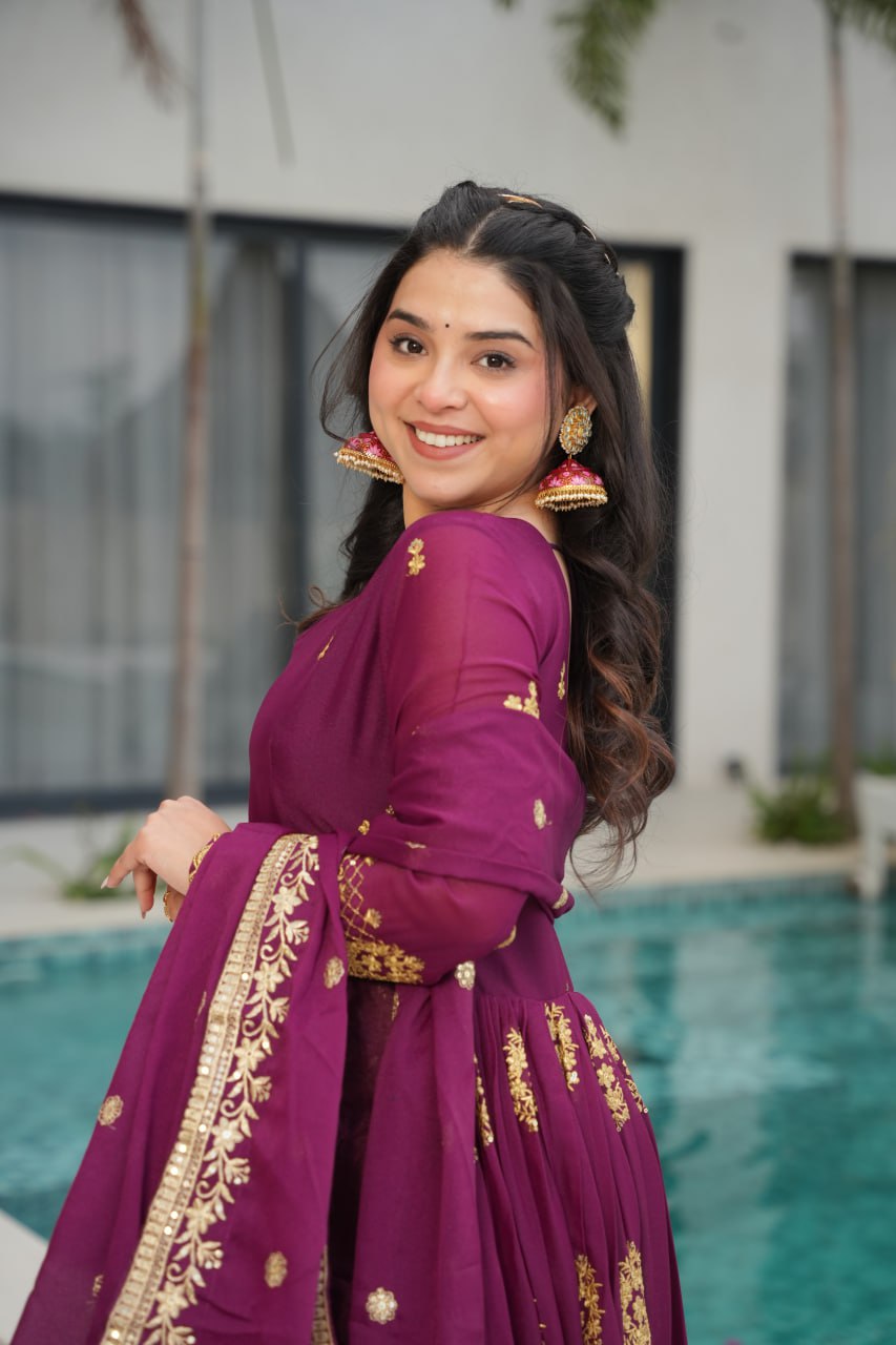 Star Georgette Zari Sequins Embroidered Gown Set With Designer Dupatta