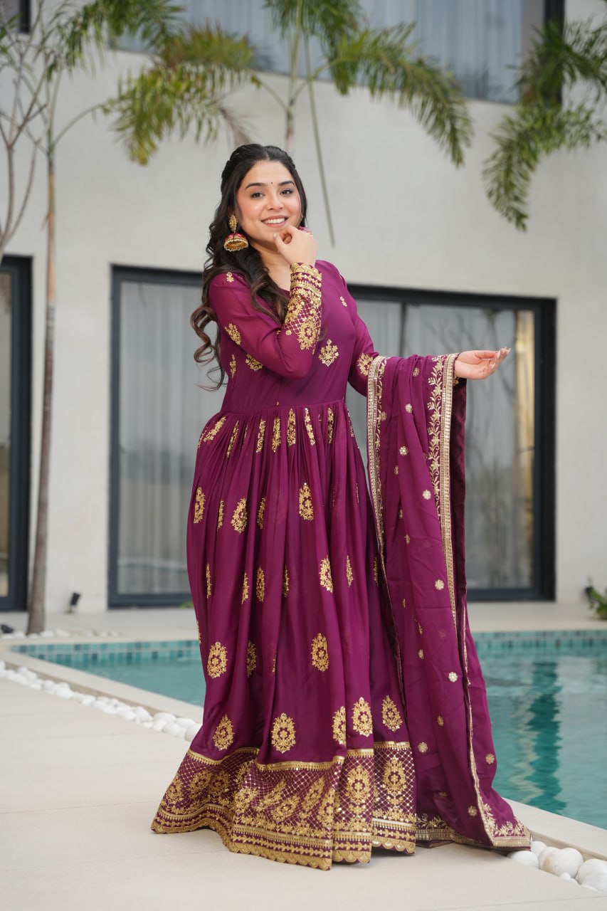 Star Georgette Zari Sequins Embroidered Gown Set With Designer Dupatta