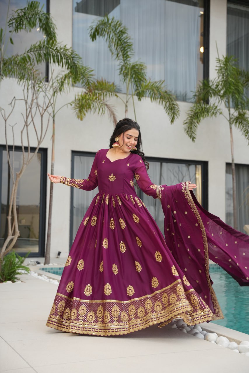Star Georgette Zari Sequins Embroidered Gown Set With Designer Dupatta