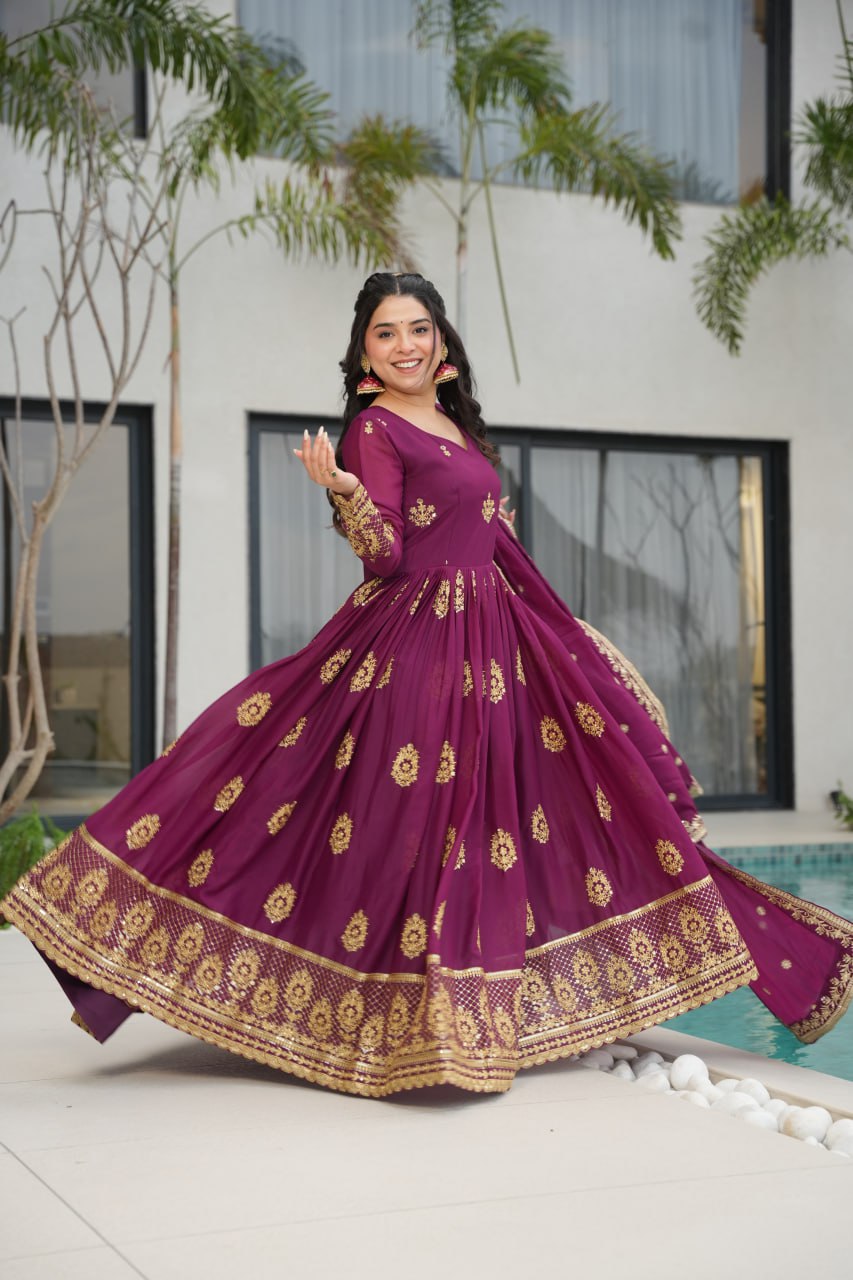 Star Georgette Zari Sequins Embroidered Gown Set With Designer Dupatta
