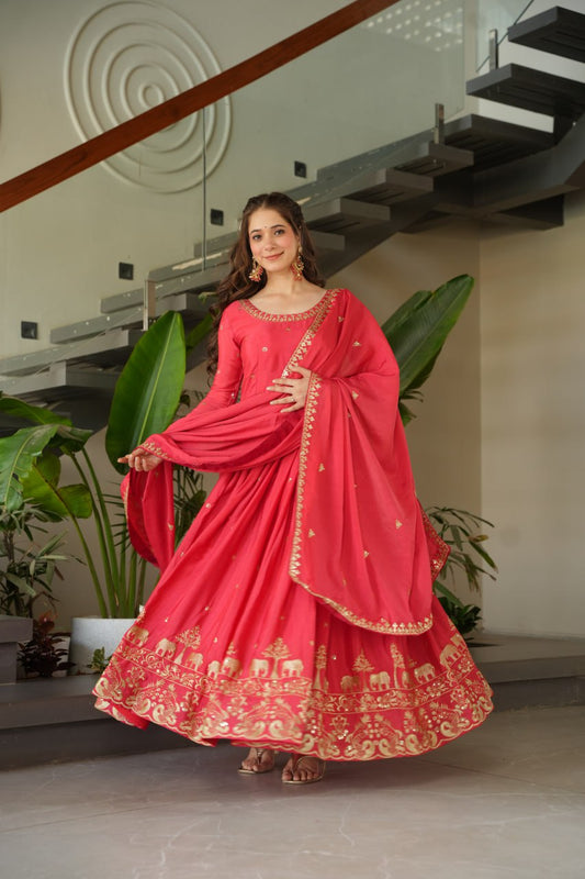 Graceful Chinon Embroidered Gown With Dupatta