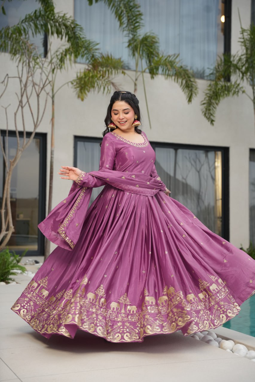 Graceful Chinon Embroidered Gown With Dupatta
