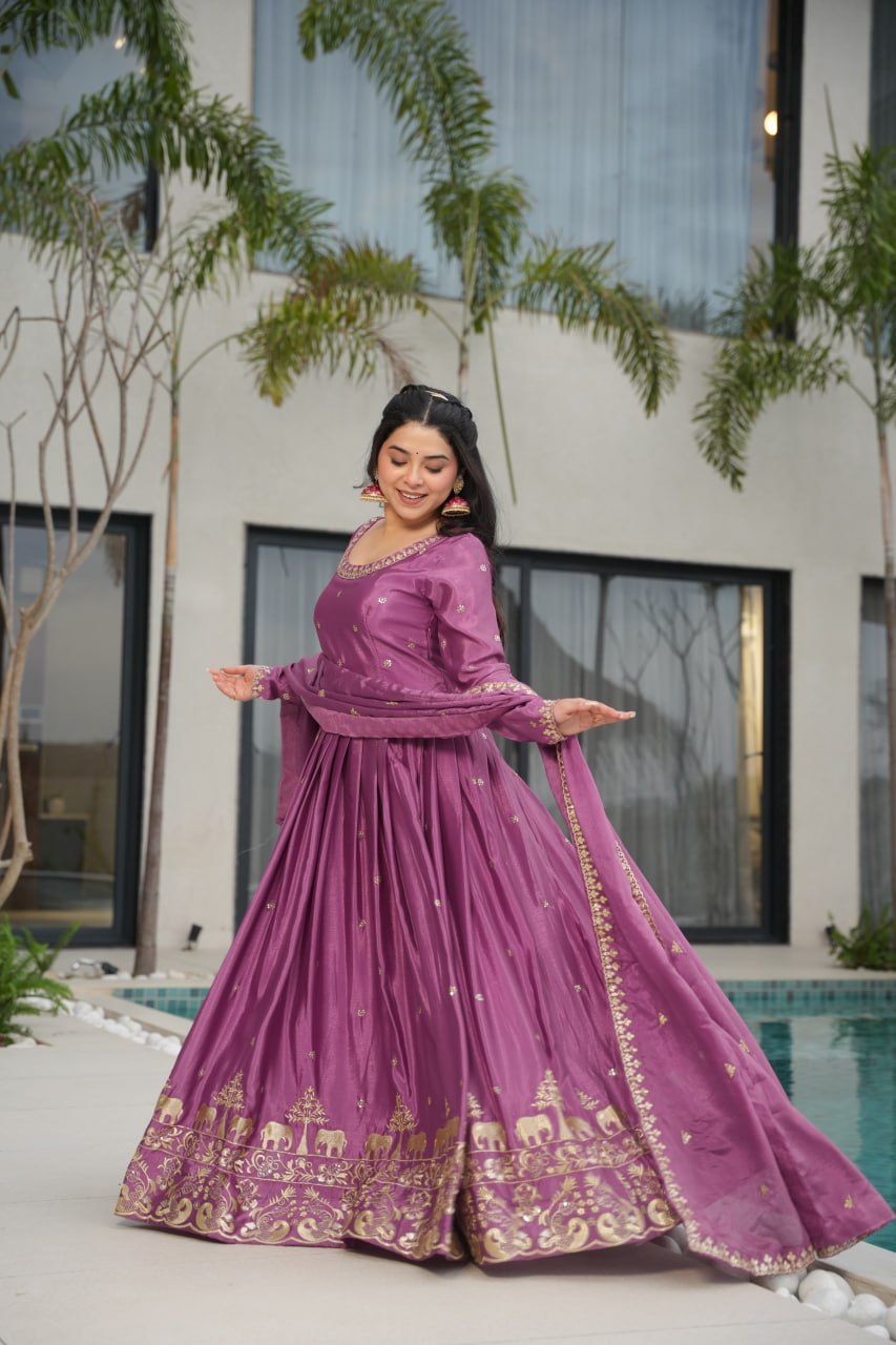Graceful Chinon Embroidered Gown With Dupatta