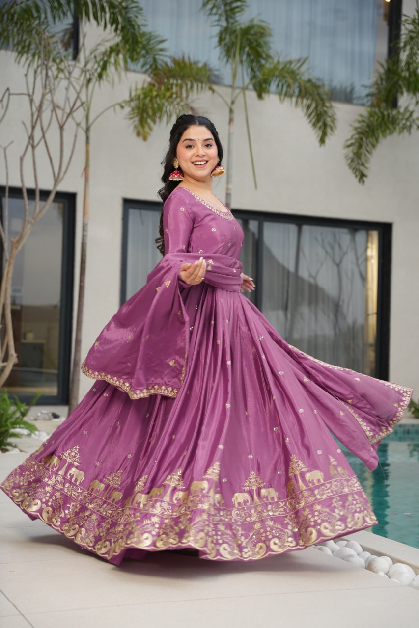 Graceful Chinon Embroidered Gown With Dupatta