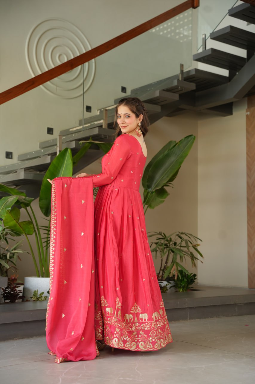Graceful Chinon Embroidered Gown With Dupatta