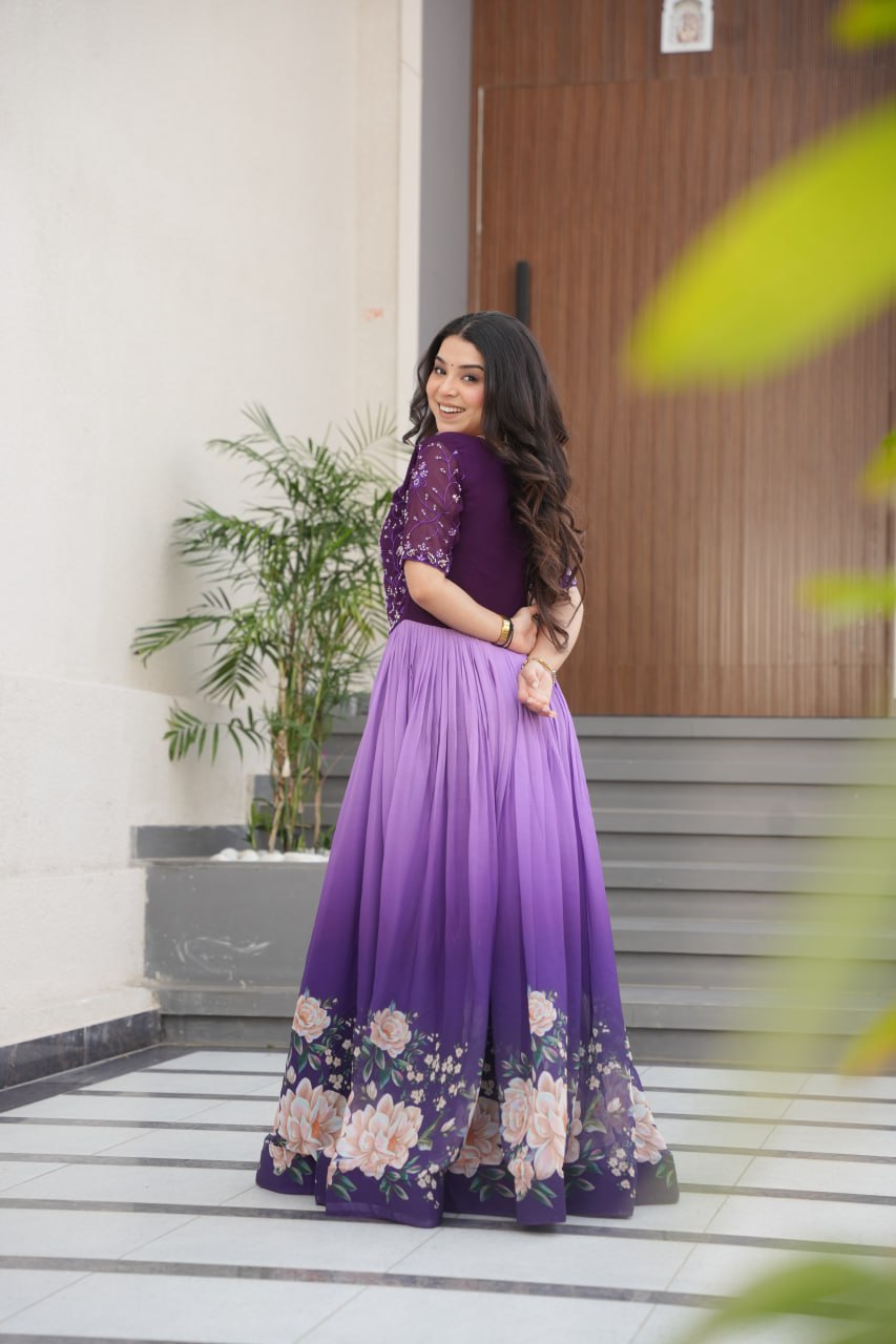 Floral Beaded Embroidered Faux Georgette Gown