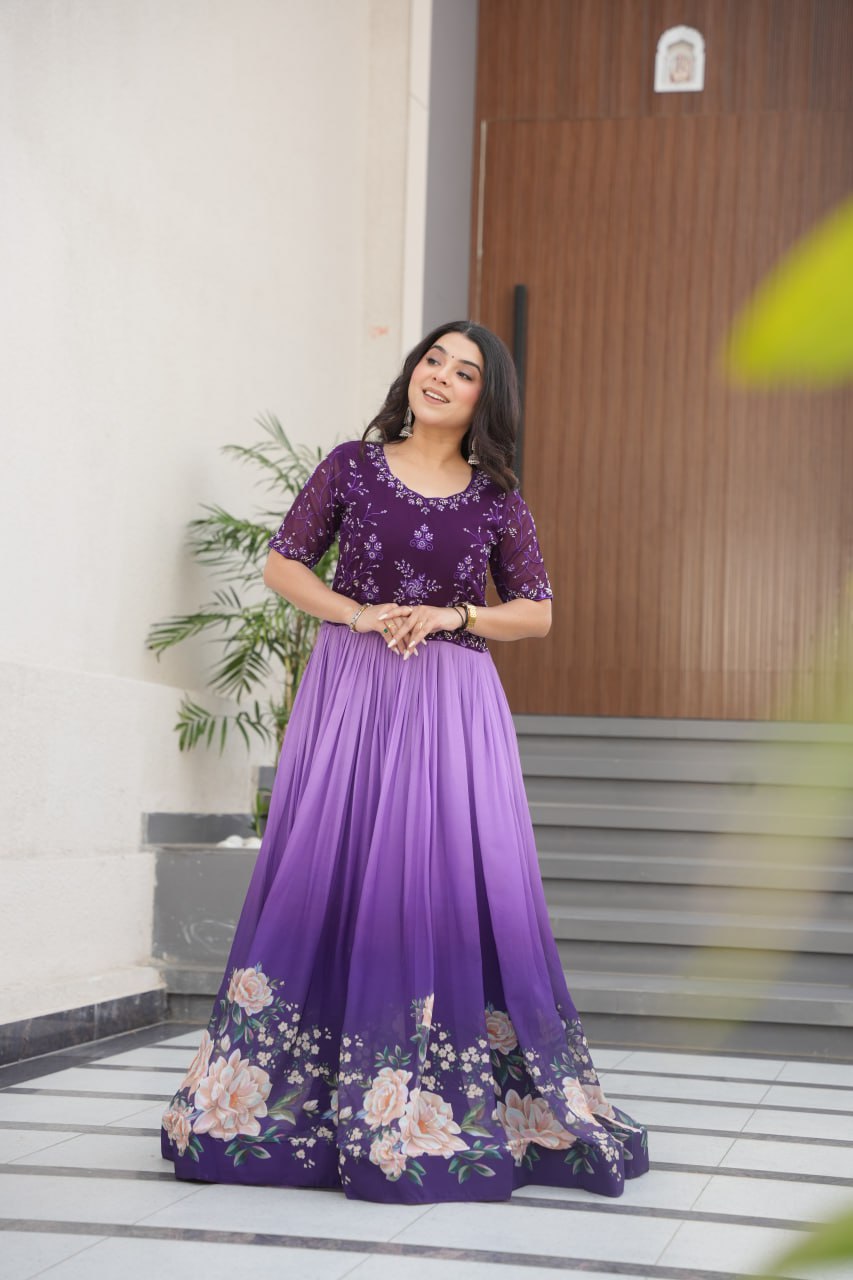 Floral Beaded Embroidered Faux Georgette Gown
