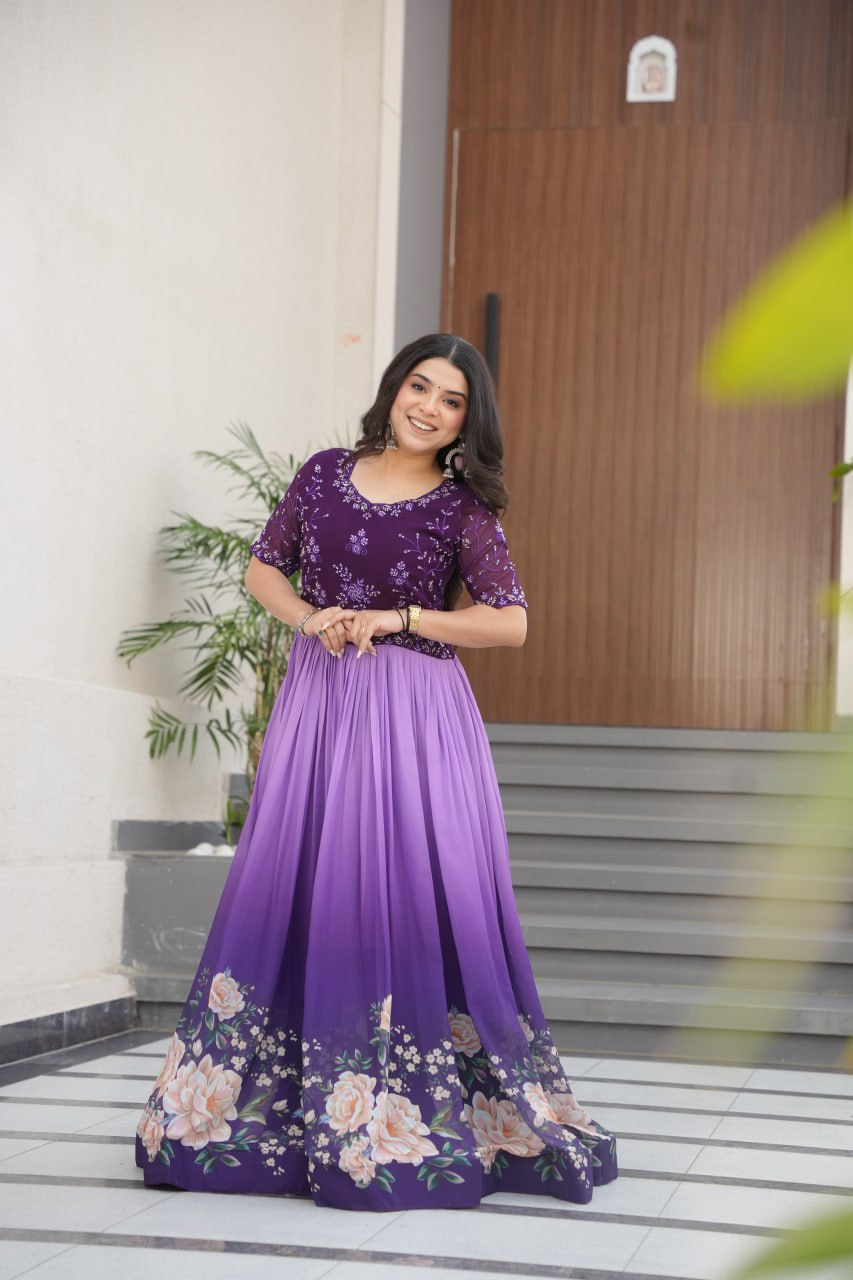 Floral Beaded Embroidered Faux Georgette Gown