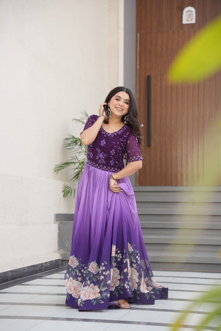 Floral Beaded Embroidered Faux Georgette Gown
