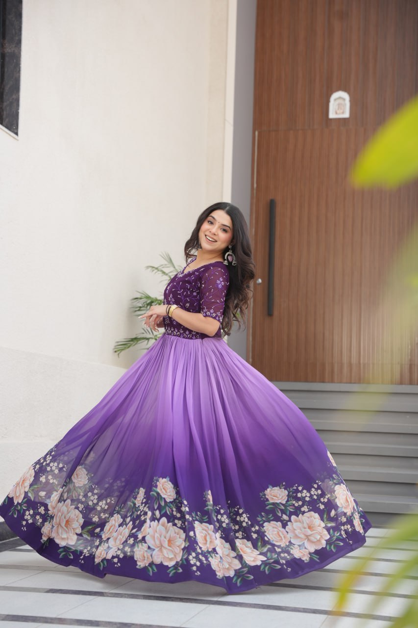 Floral Beaded Embroidered Faux Georgette Gown