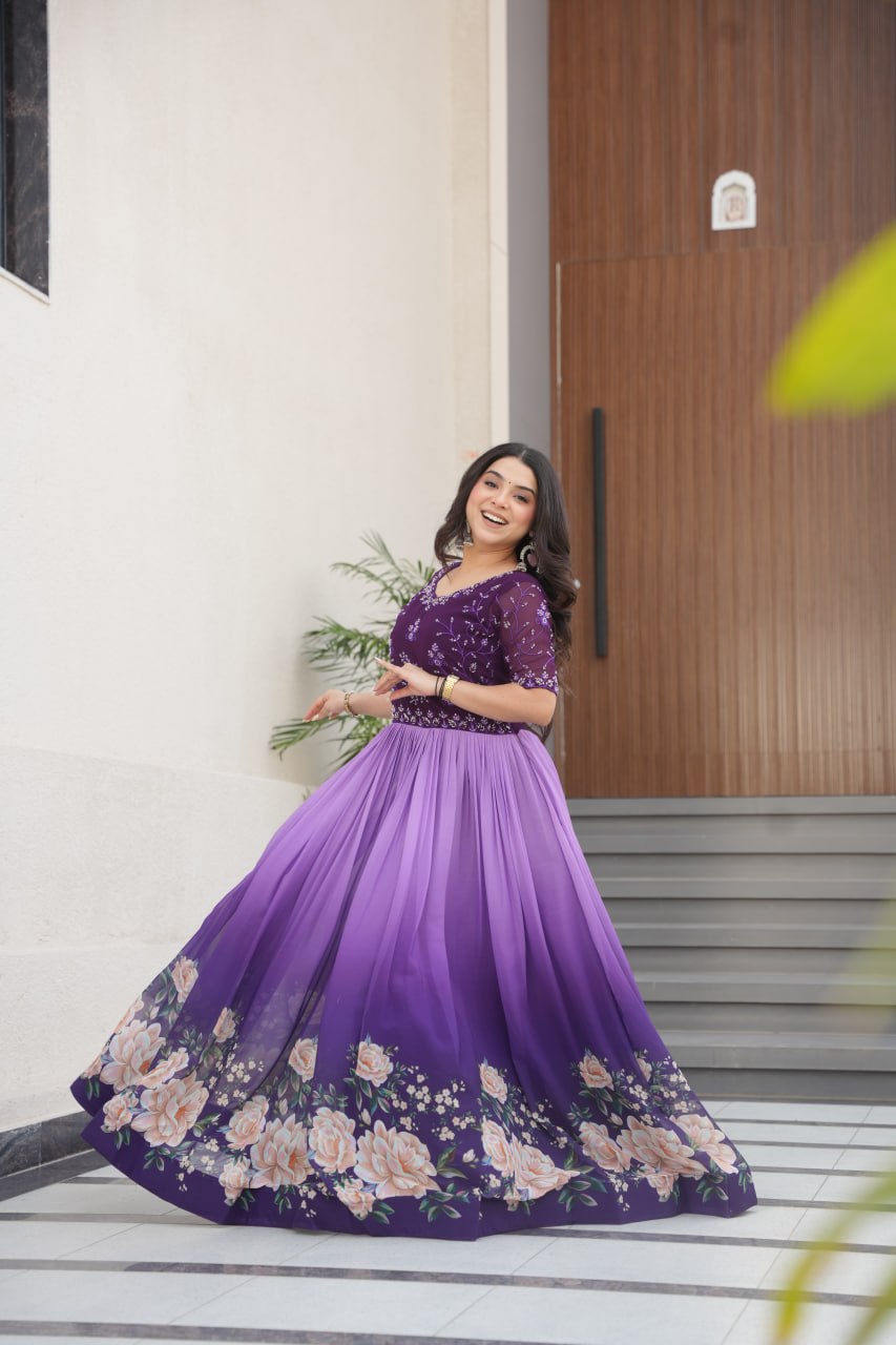 Floral Beaded Embroidered Faux Georgette Gown