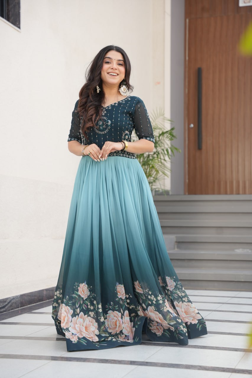 Floral Beaded Embroidered Faux Georgette Gown