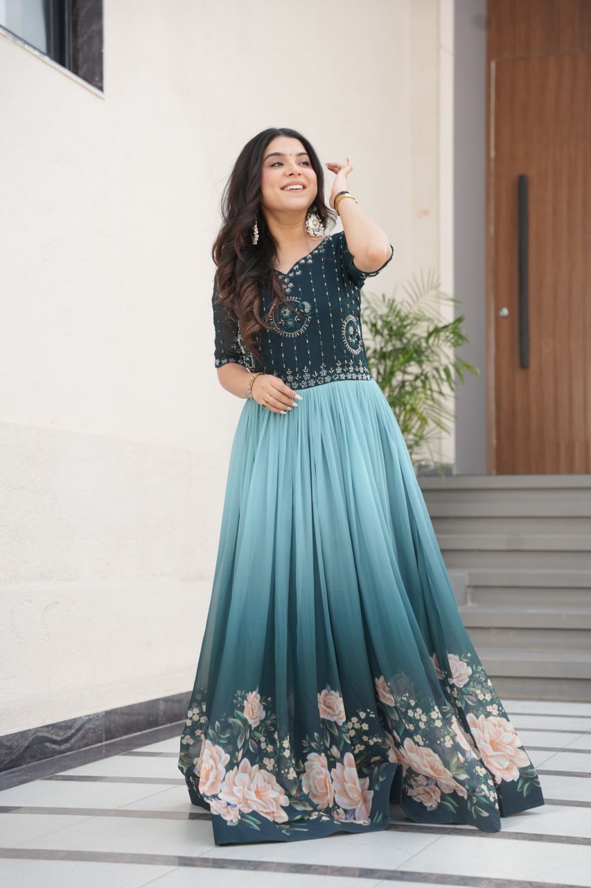 Floral Beaded Embroidered Faux Georgette Gown
