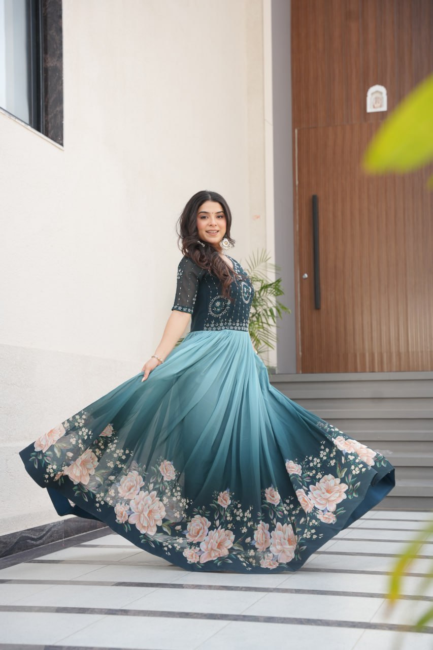 Floral Beaded Embroidered Faux Georgette Gown
