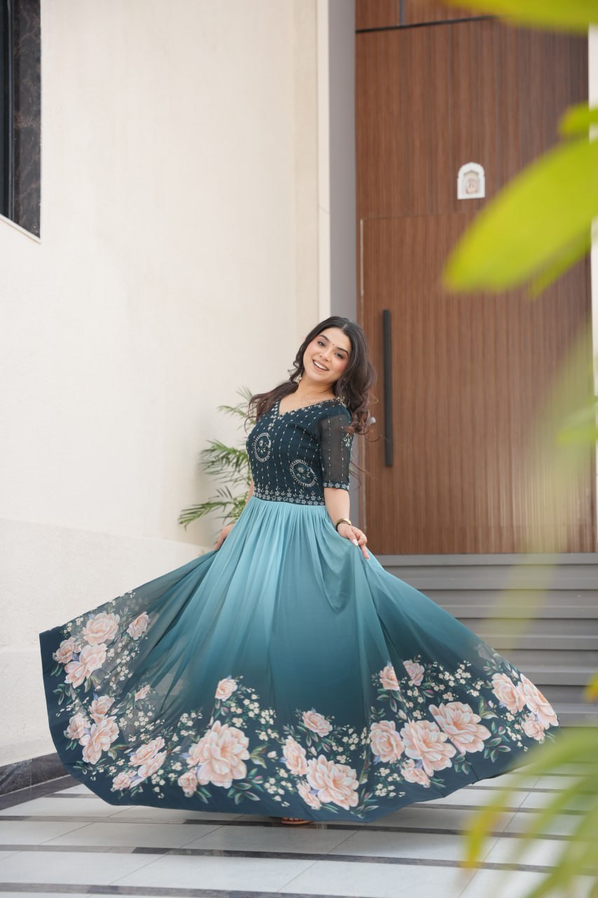 Floral Beaded Embroidered Faux Georgette Gown