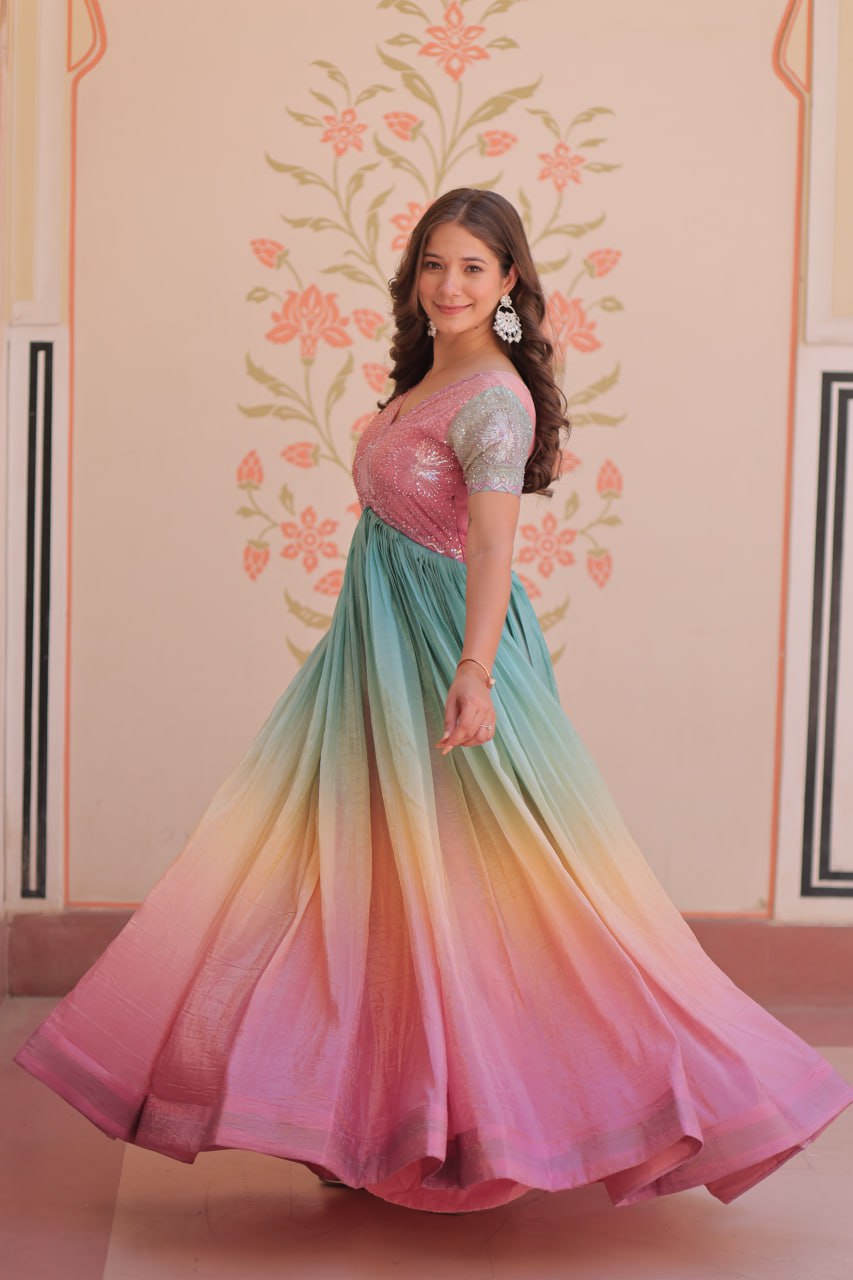 Stunning Gold Crush Bead Embroidered Fully Stitched Gown